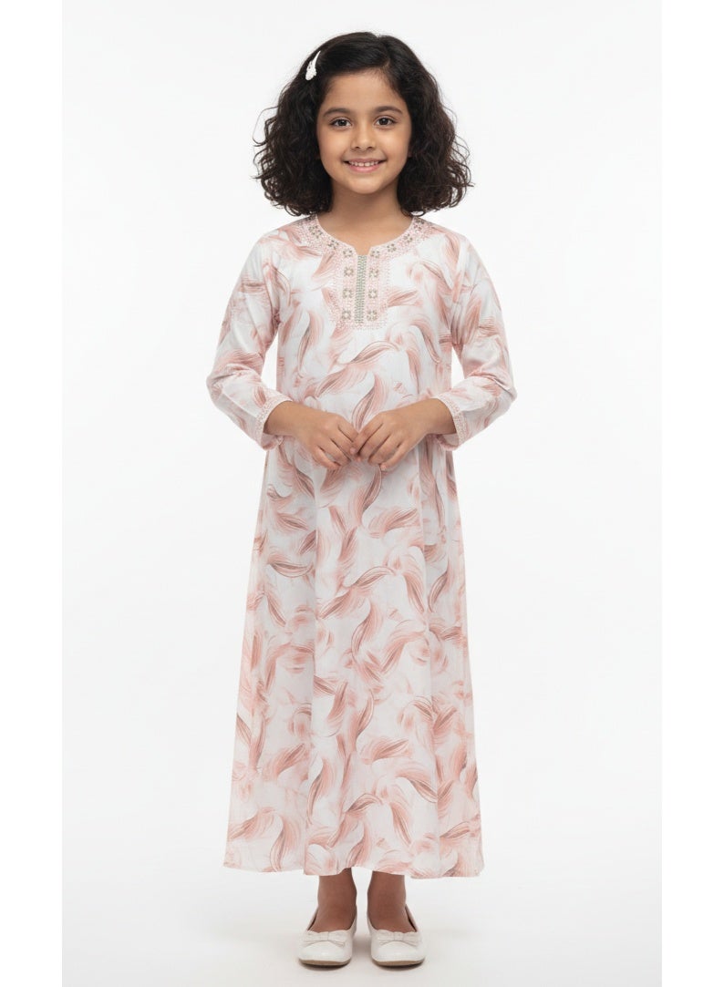 HANA & SARA Girls Arabic Digital Print Jalabiya – Pastel Floral Festive Viscose Blended Comfort Dress - Image 1